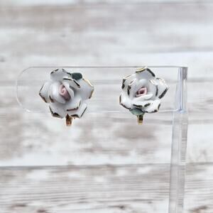 Vintage Clip On Earrings White Rose with Gold Tone Edges and Pink Center